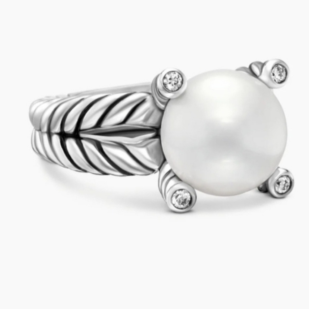 David Yurman Sterling Silver Pearl Ring With Diamonds - Picture 9 of 10
